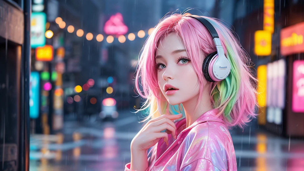 Pastel wind painting, rainbow colours, high quality painting, masterpiece, 4k, animation, pretty girl, pink side-tail hair, pink dress, Listening to music with headphones while holding an umbrella in the rain, I want the images to match 16:9 for YouTube, It's raining in the city background, Profile of a woman wearing headphones standing in the rain