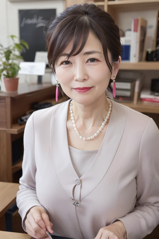 Beautiful mature Japanese woman aged 55, Long eyelashes, Low Ponytail, Red lipstick, Pink Cheeks, Pearl Necklace, Earrings, Houses of Parliament, Female politicians, Stylish suit