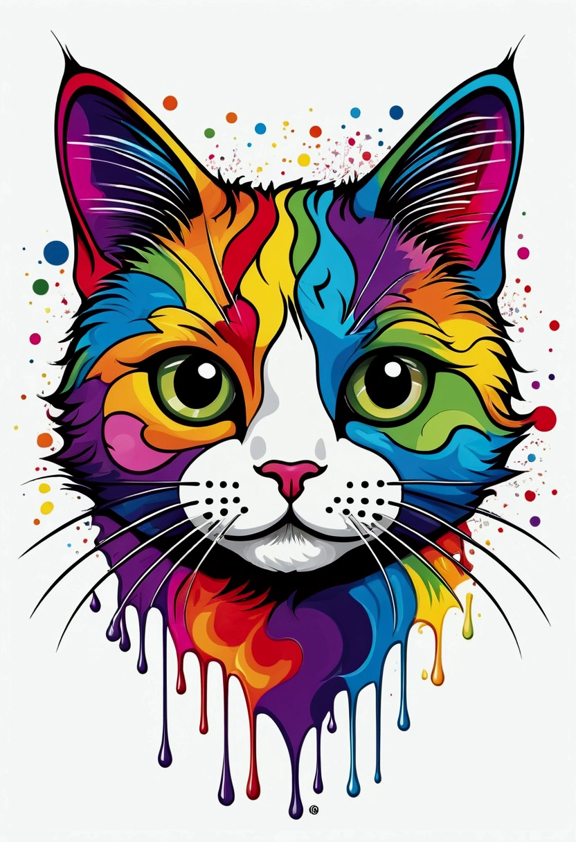 Graphics, Diverse and playful geometric shapes, rainbow, Romero Britto, Hairy and charming kitten, Cat Head, 非常にDetailedたてがみ ((White Background)), Sharp Eye, Colorful and cheerful kitten animal, アート 水彩画 oil, Abstract, Magnificent Instagram, Art Station, Colorful ink splash style splash+, Contour, 非常にDetailed、Complex、Detailed, kind, Complex詳細, Home Screen, Complementary Color, conceito realista Abstract Romero Britto de arte, 8k, A masterpiece of deviant art, oil, Heavy brush strokes, Ink droplets, Splash Art.