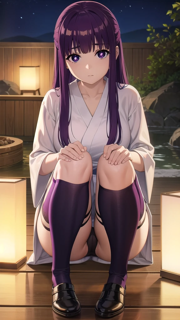 BREAK looking at viewer, BREAK (masterpiece:1.2), best quality, high resolution, unity 8k wallpaper, (illustration:0.8), (beautiful detailed eyes:1.6), extremely detailed face, perfect lighting, extremely detailed CG, (perfect hands, perfect anatomy)fern, long hair, bangs, (purple eyes:1.1), purple hair, sidelocks, blunt bangs, (bright pupils:1.5),onsen,hot springs, night, half updo,
long sleeves,Japanese clothes,yukata, sash, cleavege,neckline,stockings,from above,upskirt,showing panties,camel toe,,staying on knees,on knees