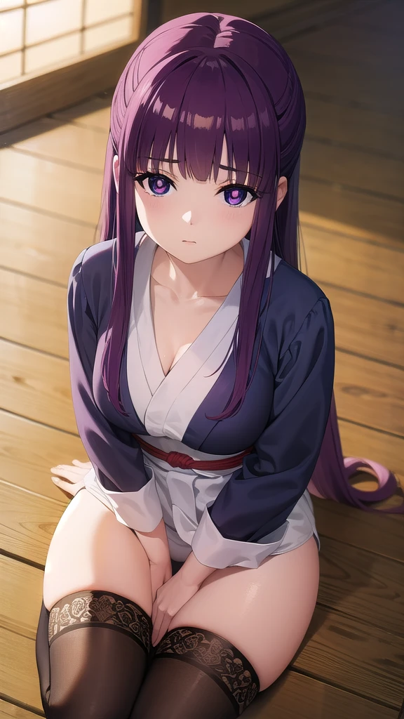 BREAK looking at viewer, BREAK (masterpiece:1.2), best quality, high resolution, unity 8k wallpaper, (illustration:0.8), (beautiful detailed eyes:1.6), extremely detailed face, perfect lighting, extremely detailed CG, (perfect hands, perfect anatomy)fern, long hair, bangs, (purple eyes:1.1), purple hair, sidelocks, blunt bangs, (bright pupils:1.5),onsen,hot springs, night, half updo,
long sleeves,Japanese clothes,yukata, sash, cleavege,neckline,stockings,from above,upskirt,showing panties,camel toe,,staying on knees,on knees