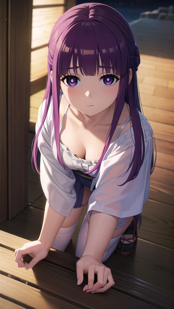 BREAK looking at viewer, BREAK (masterpiece:1.2), best quality, high resolution, unity 8k wallpaper, (illustration:0.8), (beautiful detailed eyes:1.6), extremely detailed face, perfect lighting, extremely detailed CG, (perfect hands, perfect anatomy)fern, long hair, bangs, (purple eyes:1.1), purple hair, sidelocks, blunt bangs, (bright pupils:1.5),onsen,hot springs, night, half updo,
long sleeves,Japanese clothes,yukata, sash, cleavege,neckline,stockings,from above,upskirt,showing panties,camel toe,,staying on knees,on knees