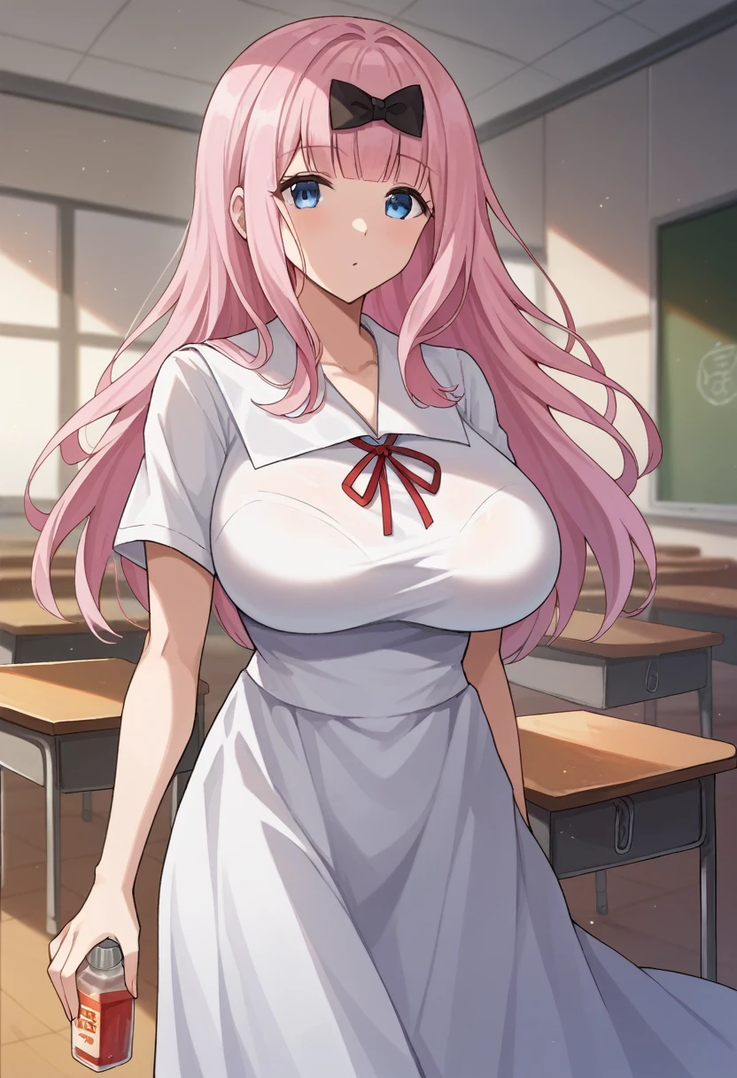 score_9, score_6_wonderful, sauce_anime, One Girl, alone, classroom, Cowboy Shot, chika, blue eyes, Pink Hair, Hair Ribbon, Black Bow, Black long dress, White sailor collar, Neck ribbon, Red ribbon, Short sleeve, White shirt, slim, Huge breasts 、During pregnancy