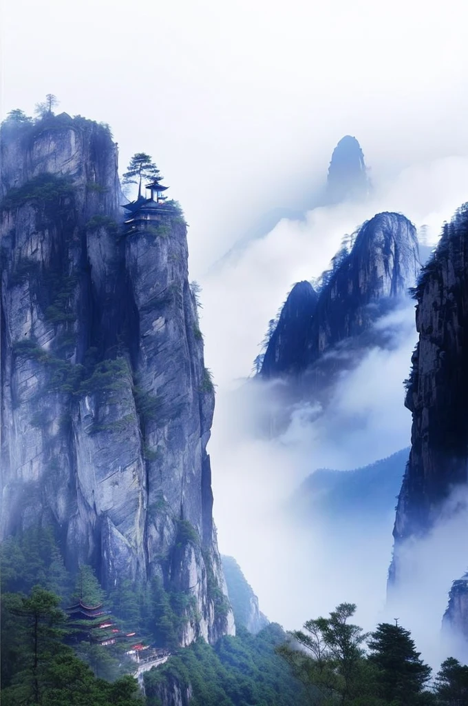 Close up shot of a mountain,There are some trees and a mountain in the background, 迷fog山脉, Taoist Temples in Huangshan, Zhangjiajie national forest park, Floating mountains, 瀑布上的薄fog, Beautiful and mysterious, Zhangjiajie, Stunning Mountains, fog背景中的山脉, fog, fog气飘浮在空中