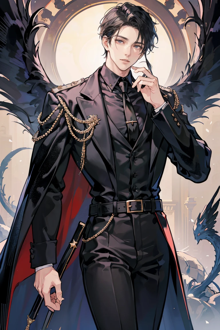 anime - (masterpiece), best quality, seductive eyes, mature face, black eyes, long slicked back black haircut, white long sleeve polo, black necktie, black coat with badges and medals, black pants, tall man, long legs, masculine, massive body, adult-like, full body