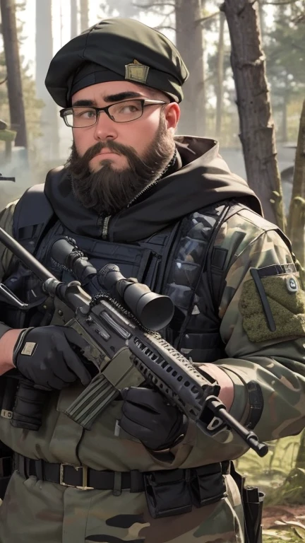 One boy, beard, Glasses, obesity, camouflage, sniper rifle, Prone position, Precision Shooting, uniform, goggles, Suppressor, Quiet environment, forest, Camouflage Net, Shooting stance, Tension, Tactical Vest, High Magnification Scope, Military Gloves