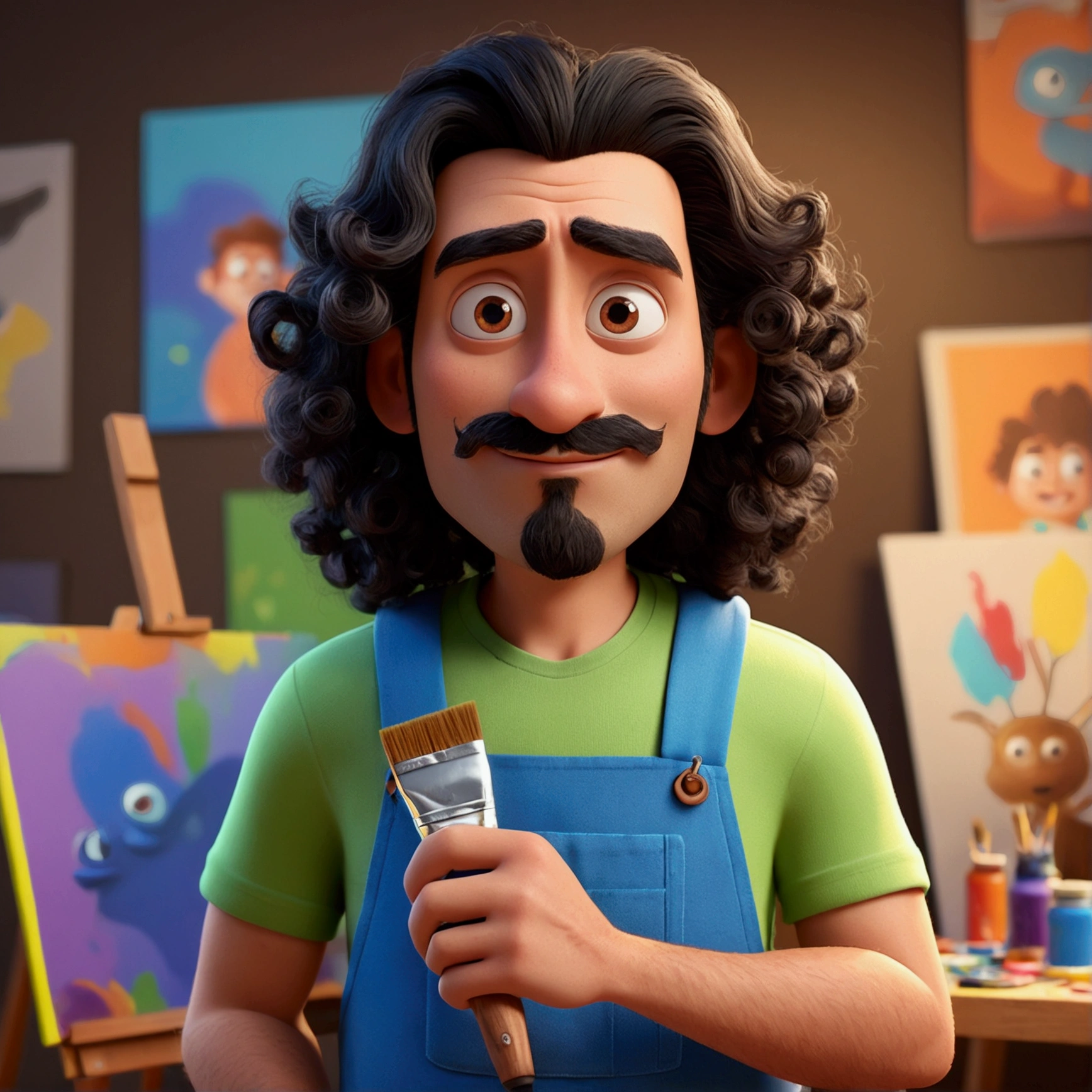 Cartoon character of a man with long black curly hair, He has black eyes, he has a small zappa beard, he is painting a canvas with paint, an animated character, stylized character, animation style rendering, 3d stylized, Arnold Maya rendering, Stylized 3D rendering, toon render screenshot, 3d character, 3d character, Stylized 3D rendering, 3D character rendering, cartoon character, Personagem de close up, character posing, (Pixar-style) (master part:1.2) (bokeh) (best qualityer) (skin detailed) (detailed texture) (8k) (Argilla) (cinematic lighting) (sharp focus,Sit down and lift your upper body