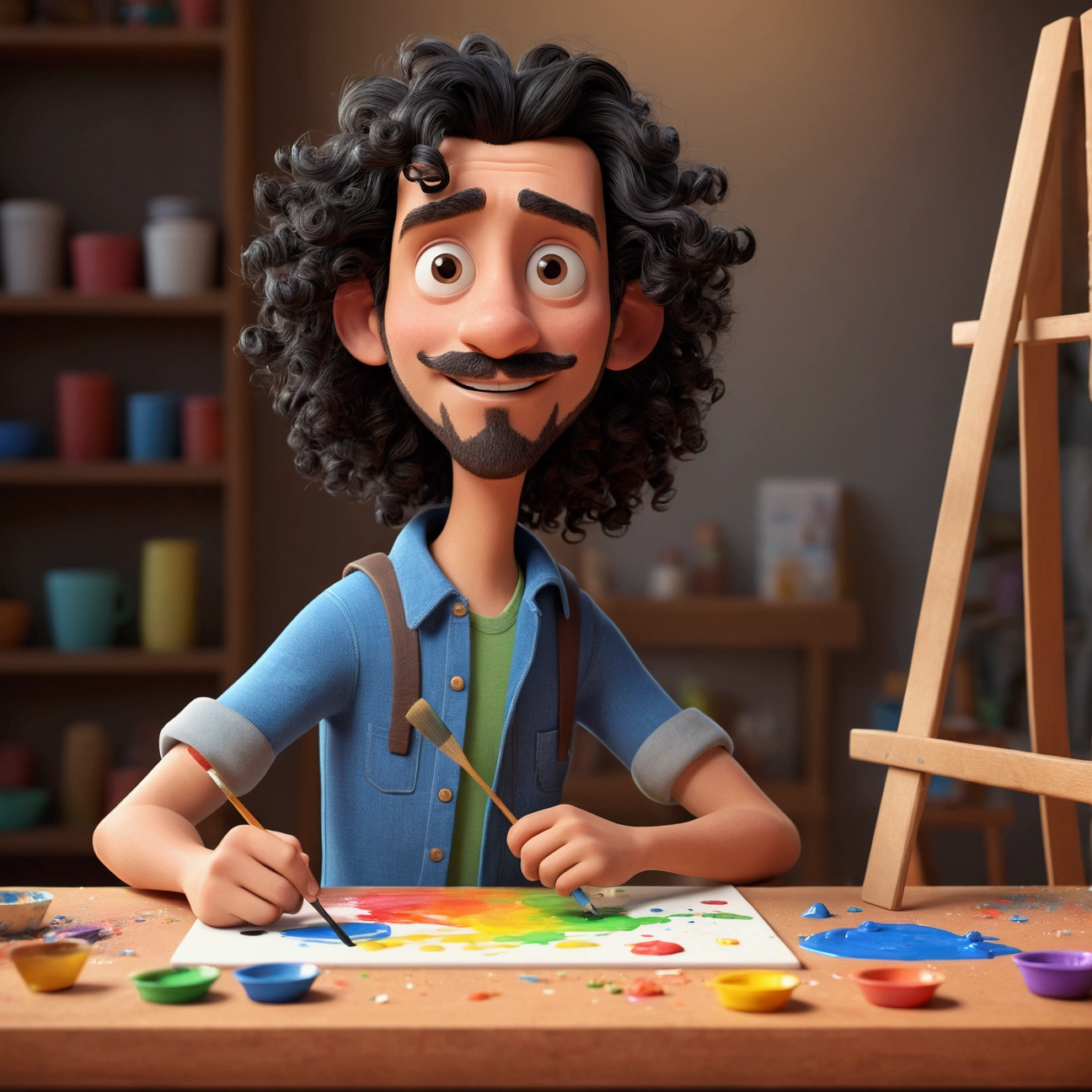 Cartoon character of a man with long black curly hair, He has black eyes, he has a small zappa beard, he is painting a canvas with paint, an animated character, stylized character, animation style rendering, 3d stylized, Arnold Maya rendering, Stylized 3D rendering, toon render screenshot, 3d character, 3d character, Stylized 3D rendering, 3D character rendering, cartoon character, Personagem de close up, character posing, (Pixar-style) (master part:1.2) (bokeh) (best qualityer) (skin detailed) (detailed texture) (8k) (Argilla) (cinematic lighting) (sharp focus，Sit down and lift your upper body