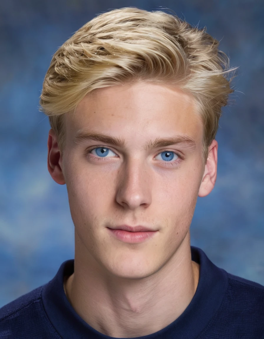 Full image of a college going boy. He is tall handsome with short blond hair. His hair covering his forhead. He has deep blue eyes.