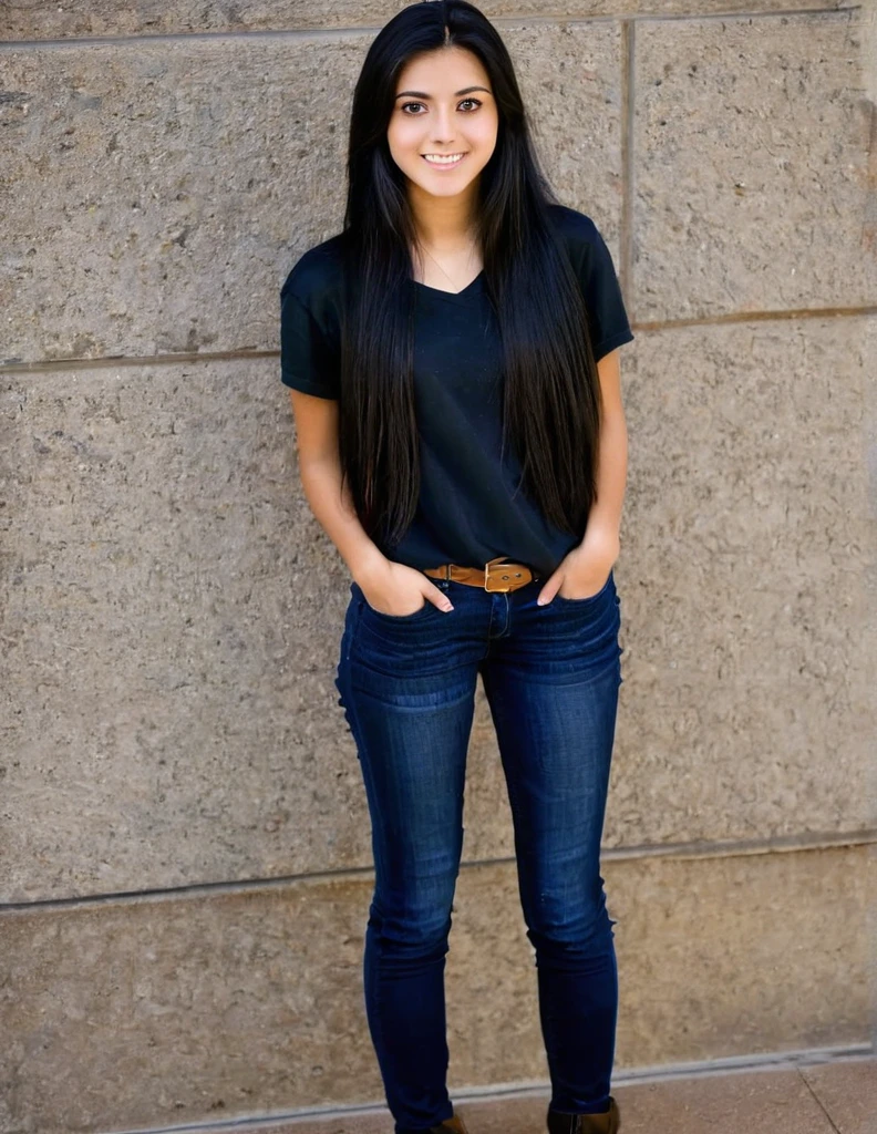 Full body image of A college going girl, with long black hair. She has beautiful hazel eyes. 