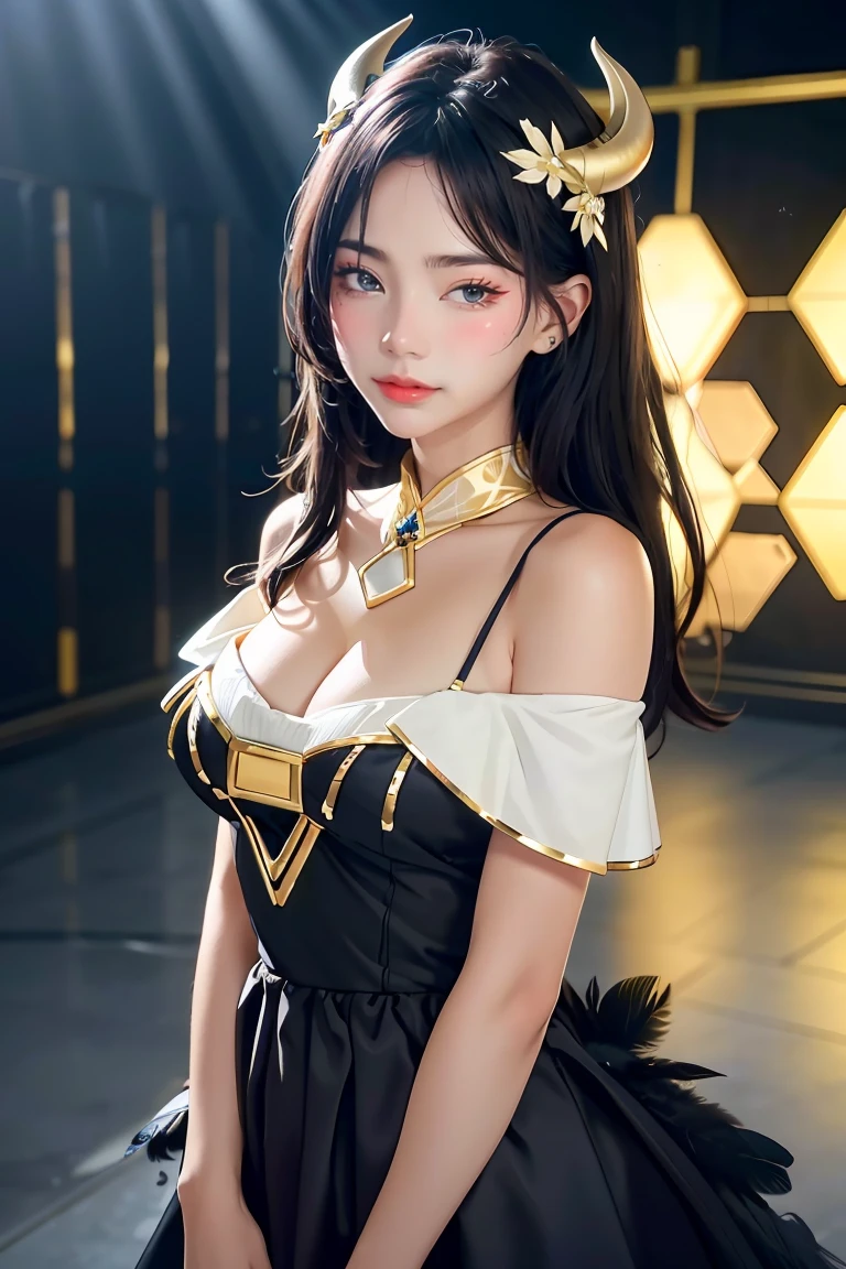 Masterpiece, Best quality, Ultra-detailed, illustration, epic lighting, Cinematic composition, isometry,(hexagons:1.2), 1girll, Horns, Solo, Yellow eyes, Black hair, Long hair, (Low wing:1.2), Large cleavage, Bare shoulders, hair between eye, Medium breasts, (White dress:1.1), Golden decoration, Detached collar, view the viewer, Semi-closed Eyes, (view the viewer:1.1), parted lip, Blush, Black feathers fall, Arena, particle fx, (8K:1.1)