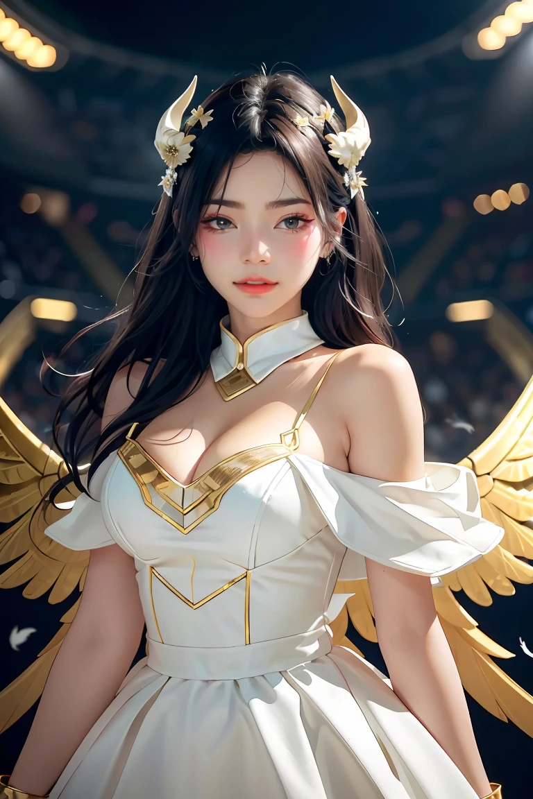 Masterpiece, Best quality, Ultra-detailed, illustration, epic lighting, Cinematic composition, isometry,(hexagons:1.2), 1girll, Horns, Solo, Yellow eyes, Black hair, Long hair, (Low wing:1.2), Large cleavage, Bare shoulders, hair between eye, Medium breasts, (White dress:1.1), Golden decoration, Detached collar, view the viewer, Semi-closed Eyes, (view the viewer:1.1), parted lip, Blush, Black feathers fall, Arena, particle fx, (8K:1.1)