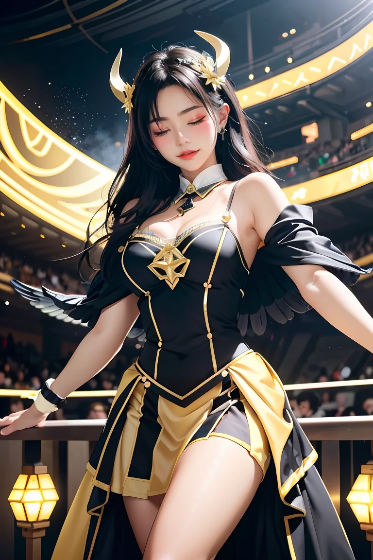 Masterpiece, Best quality, Ultra-detailed, illustration, epic lighting, Cinematic composition, isometry,(hexagons:1.2), 1girll, Horns, Solo, Yellow eyes, Black hair, Long hair, (Low wing:1.2), Large cleavage, Bare shoulders, hair between eye, Medium breasts, (White dress:1.1), Golden decoration, Detached collar, view the viewer, Semi-closed Eyes, (view the viewer:1.1), parted lip, Blush, Black feathers fall, Arena, particle fx, (8K:1.1)