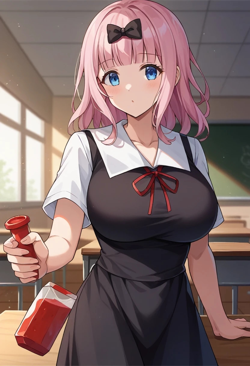 score_9, score_6_wonderful, sauce_anime, One Girl, alone, classroom, Cowboy Shot, chika, blue eyes, Pink Hair, Hair Ribbon, Black Bow, Black Dress, White sailor collar, Neck ribbon, Red ribbon, Short sleeve, White shirt, slim, Huge breasts 、During pregnancy