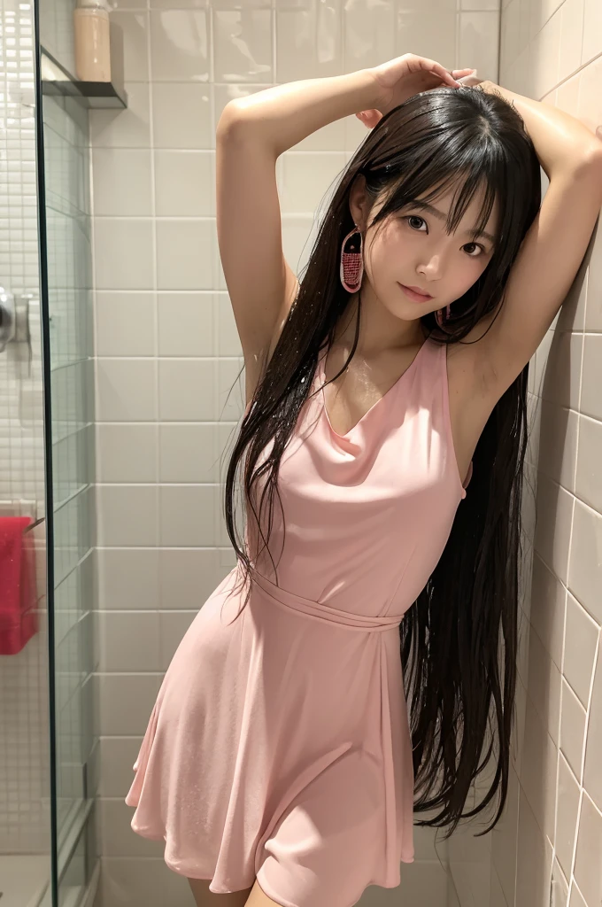 A beautiful young Japanese woman with long, wet hair, wearing a sleeveless pink dress and red earrings, standing in a tiled bathroom. She is striking a pose with one hand on her head and the other slightly bent at the elbow. The lighting is soft and highlights her expressive facial features and confident stance
