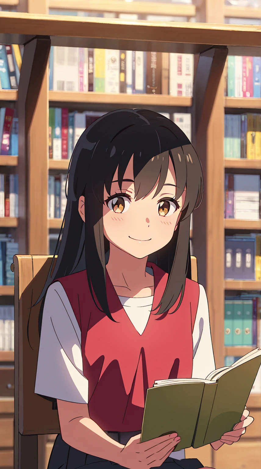 highest quality, masterpiece, shinkai makoto, kimi no na wa., 1 girl, bangs, black hair, blush, brown eyes, white collar, green strip collar, white color, white shirt color, serafuku, looking at the viewer, red bow, red headband, red ribbon, , black hair, Upper body, smile, cute, alone, shirt, white skirt, pleated skirt, short sleeve, smile, sitting in a chair, library, reading a book