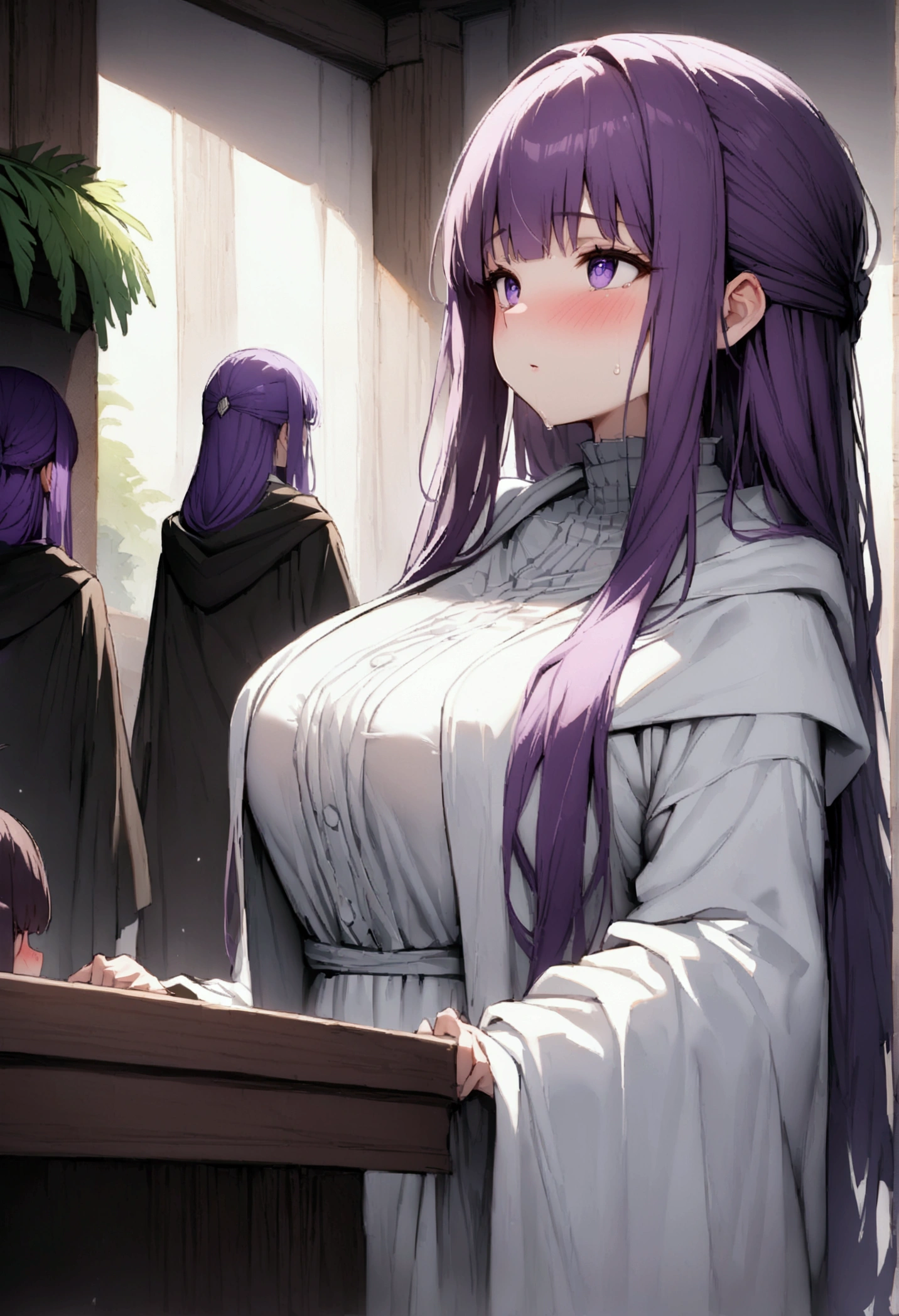 NSFW,masterpiece,Highest quality,High resolution,Super detailed,Fern\(Funeral of Frieren\),Purple eyes,Purple Hair,Long Hair,Big Breasts,White Dress,Robe,blush,Adventurer&#39;s Guild,counter