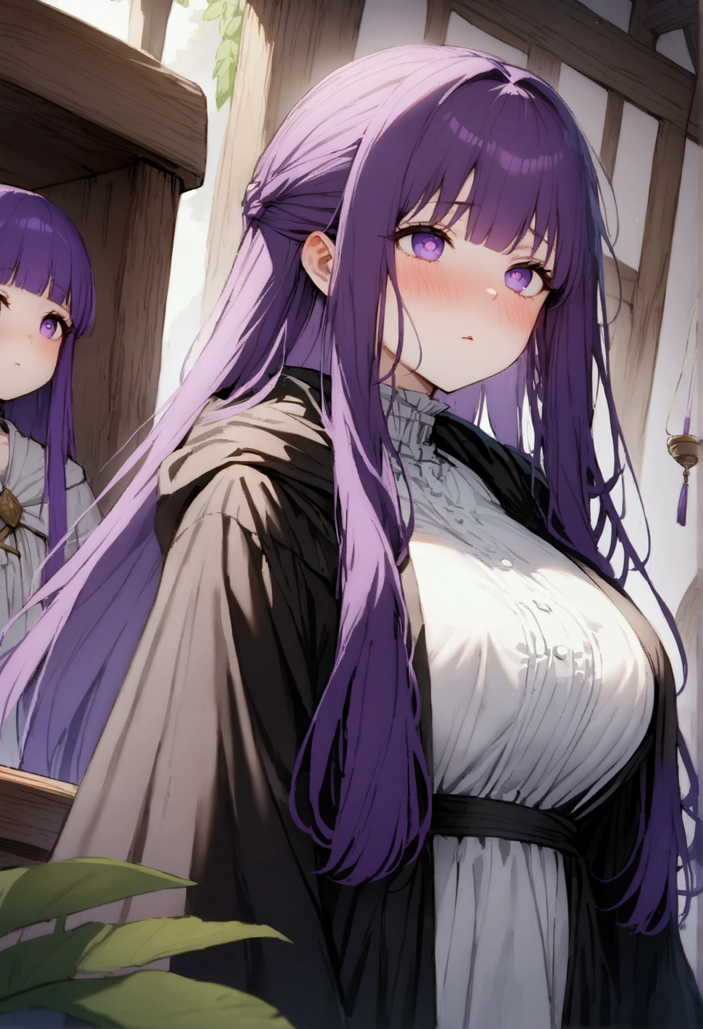 NSFW,masterpiece,Highest quality,High resolution,Super detailed,Fern\(Funeral of Frieren\),Purple eyes,Purple Hair,Long Hair,Big Breasts,White Dress,Robe,blush,Adventurer&#39;s Guild,counter