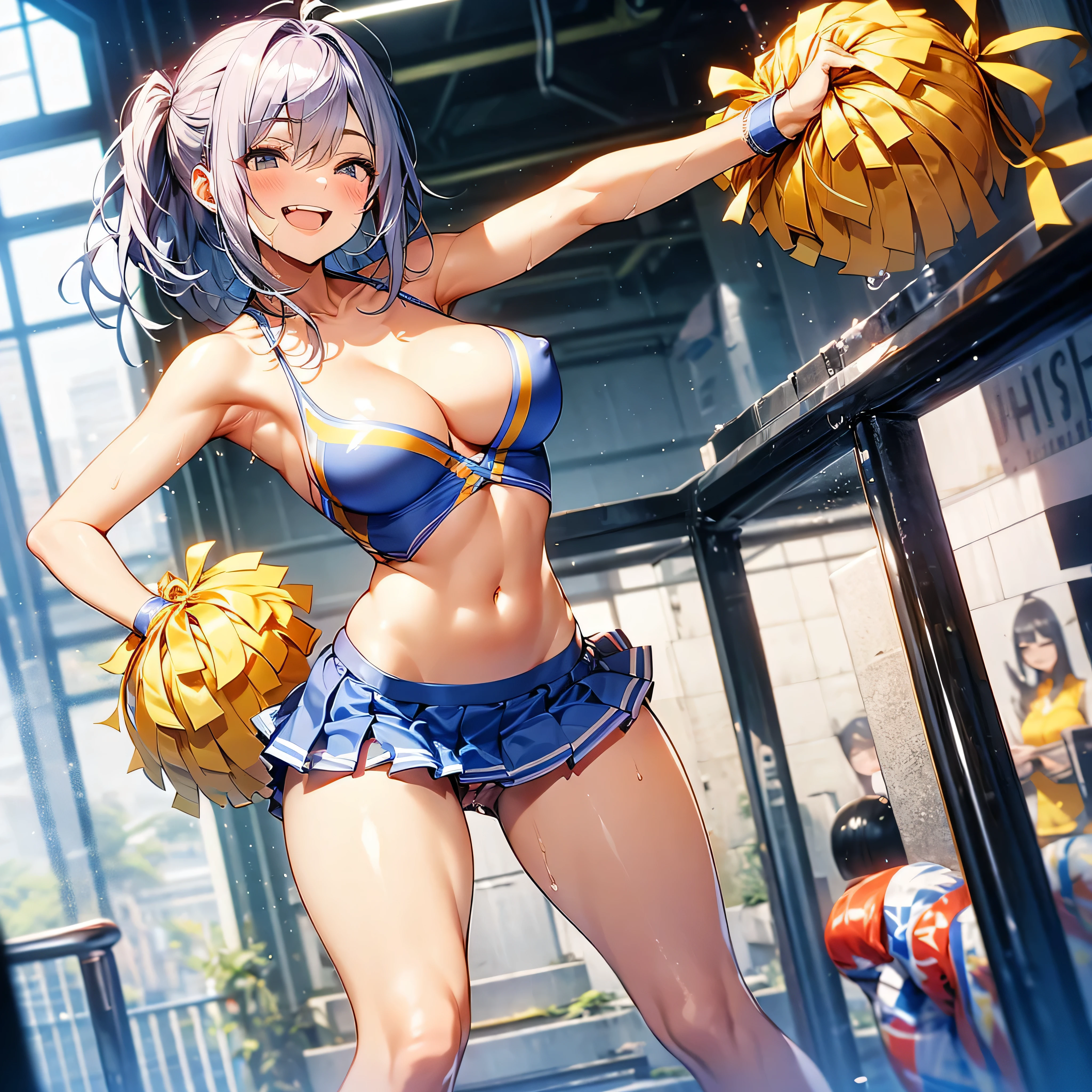 (solo:1.3), (1 skinny cheerleader rooting for viewer:1.2), (violently bouncing large breasts:1.2), cleavage, (dancing violently:1.2), shaking chest, open legs, BREAK, (short cheer uniform), sleeveless, bared stomach, (flapping too short skirt), show off thigh gap, long skinny legs, bared legs, skinny too narrow waist, very short torso, BREAK, nsfw, orgasm, heavy breathing, pussy juice, (coverd erectile nipples), (forced smile but feeling fear)