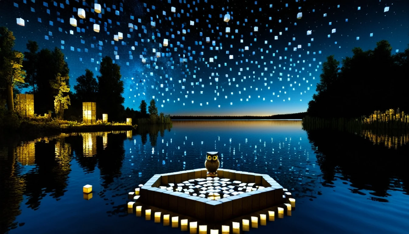 An enchanting night lake in a deep, secret location littered with RAL-3D cubes, Baby owl watching from afar