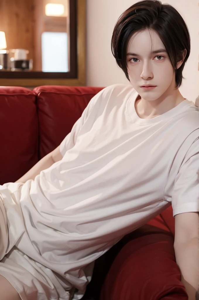 Young man, very pale, black hair, Red eyes, Masterpiece, in the background a cozy room, White T-shirt. 