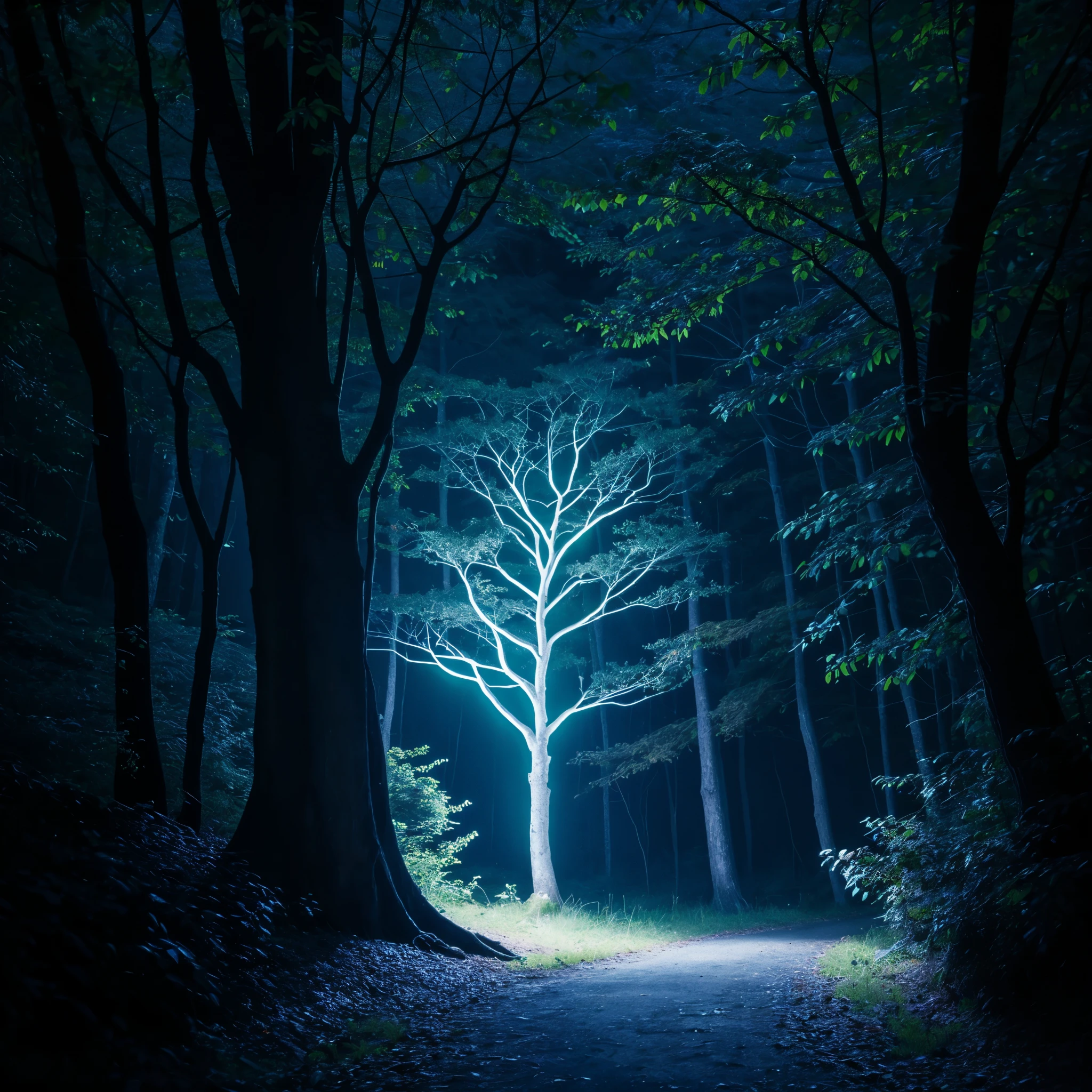 (a glowing blue tree:1.4), (glowing blue leaves:1.4), BREAK, in the middle of dark and dense forest, glowing dust particles, divine light from above,