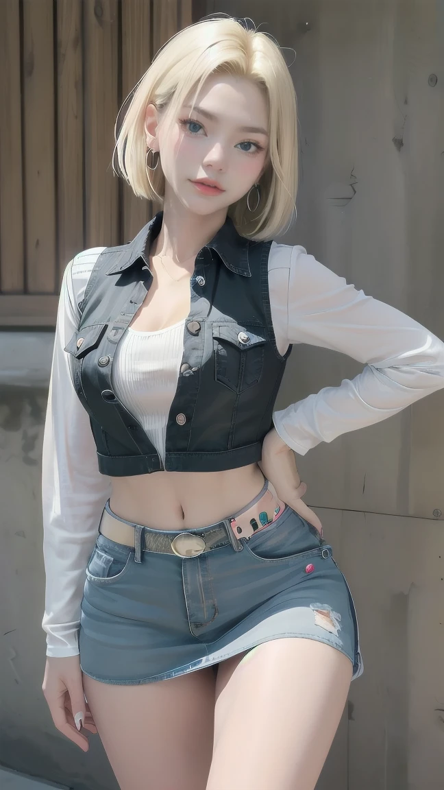 Realistic Android 18, Full Body, Blonde Hair, Blue Eyes, Eyelashes, Hoop Earrings, Short Hair, Earring, Black Sock, White Shirt with Black Stripes, Chest Pocket, Cleavage, Collarbone, Denim, Denim Skirt, Miniskirt high waist, detailed legs, jewelry, long sleeves, pocket, shirt, tucked in shirt, skirt, striped, striped sleeves, vest, correct hands, detailed high volume legs. She walks towards the viewer