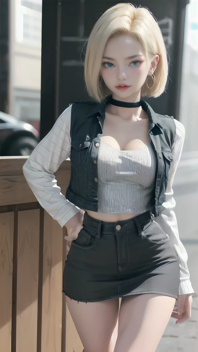 Realistic Android 18, Full Body, Blonde Hair, Blue Eyes, Eyelashes, Hoop Earrings, Short Hair, Earring, Black Sock, White Shirt with Black Stripes, Chest Pocket, Cleavage, Collarbone, Denim, Denim Skirt, Miniskirt high waist, detailed legs, jewelry, long sleeves, pocket, shirt, tucked in shirt, skirt, striped, striped sleeves, vest, correct hands, detailed high volume legs. She walks towards the viewer