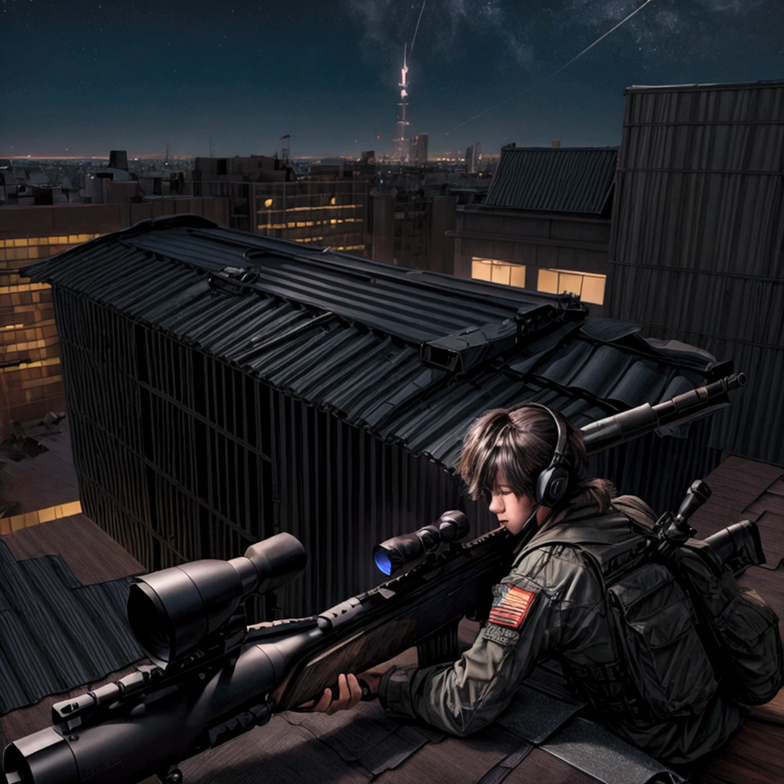 masterpiece,Highest quality,8k,High resolution,Raw photo,Professional,
Physically Based Rendering,Thin contours,
(Night cityscape,A sniper shoots at a target on the roof of another building:1.3),
He hides in a corner of the rooftop with his rifle at the ready. (The rifle is assembled)
(Lie face down with a rifle in hand),(Wearing a black headset),
(I&#39;m excited with anticipation),