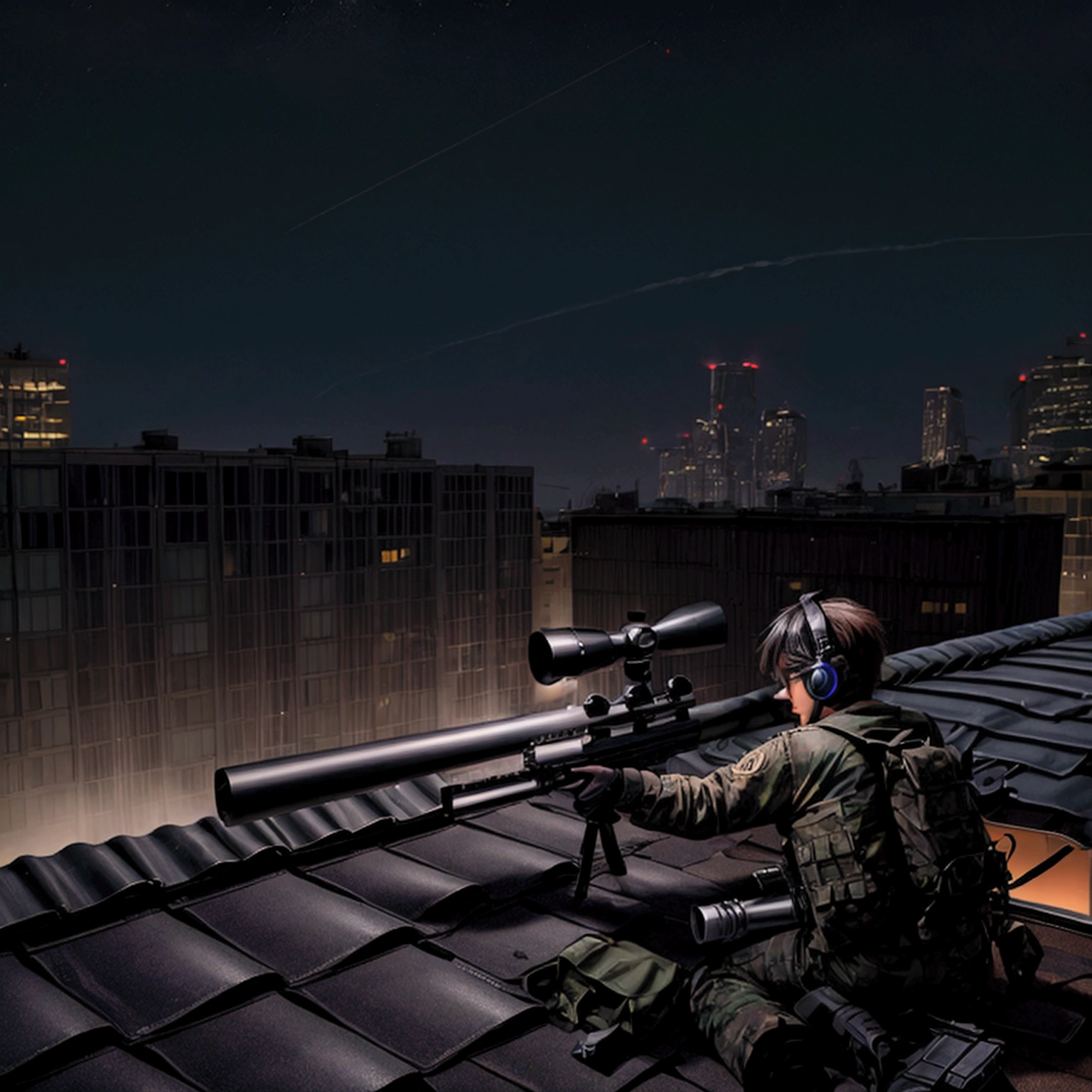 masterpiece,Highest quality,8k,High resolution,Raw photo,Professional,
Physically Based Rendering,Thin contours,
(Night cityscape,A sniper shoots at a target on the roof of another building:1.3),
He hides in a corner of the rooftop with his rifle at the ready. (The rifle is assembled)
(Lie face down with a rifle in hand),(Wearing a black headset),
(I&#39;m excited with anticipation),