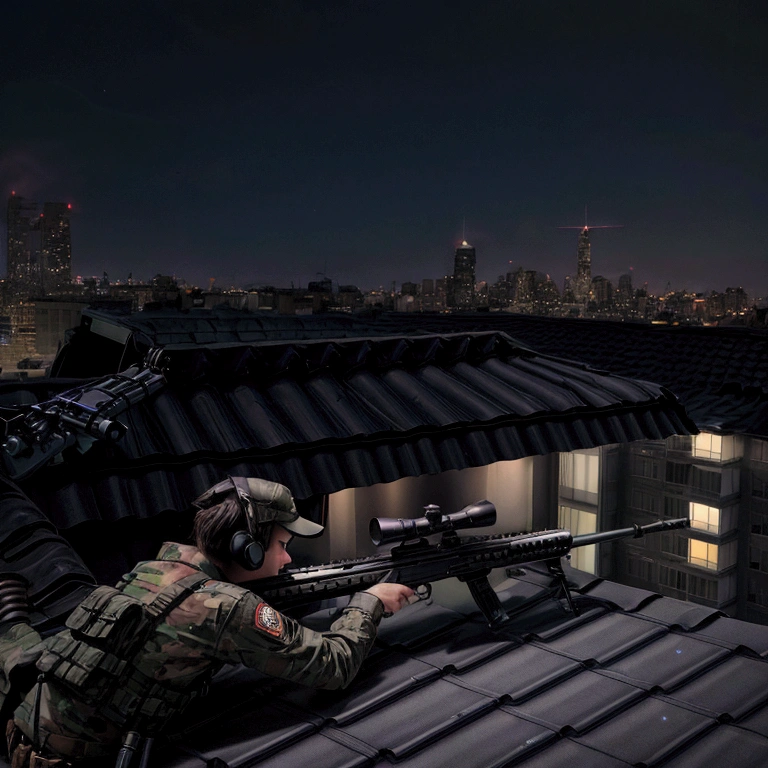 masterpiece,Highest quality,8k,High resolution,Raw photo,Professional,
Physically Based Rendering,Thin contours,
(Night cityscape,A sniper shoots at a target on the roof of another building:1.3),
He hides in a corner of the rooftop with his rifle at the ready. (The rifle is assembled)
(Lie face down with a rifle in hand),(Wearing a black headset),
(I&#39;m excited with anticipation),