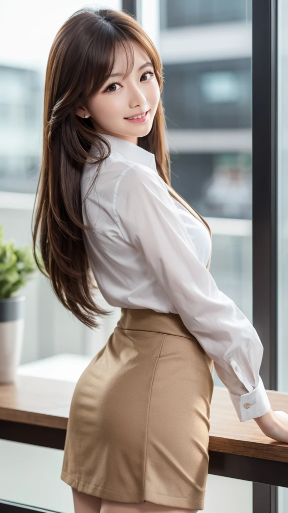 Tabletop、Highest quality、Genuine、Very detailed、finely、High resolution、8k wallpaper、One beautiful woman、、、light brown disheveled hair、Wear a business suit、Sharp focus、Perfect dynamic composition、Beautiful and detailed、Thin Hair、Detailed Genuine skin texture、smile、Model body type、Tokyo in the Morning、whole body、skirt