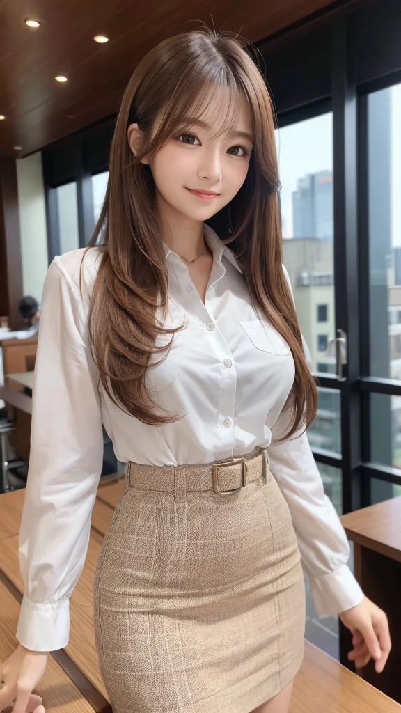 Tabletop、Highest quality、Genuine、Very detailed、finely、High resolution、8k wallpaper、One beautiful woman、、、light brown disheveled hair、Wear a business suit、Sharp focus、Perfect dynamic composition、Beautiful and detailed、Thin Hair、Detailed Genuine skin texture、smile、Model body type、Tokyo in the Morning、whole body、skirt