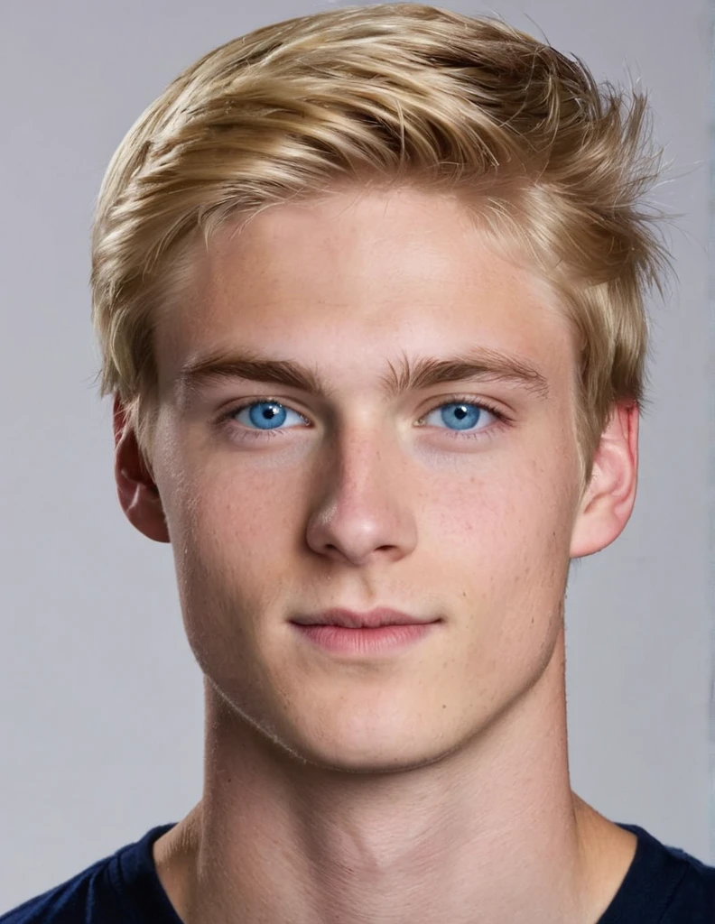 Full image of a college going boy. He is tall, extremely handsome with cuteness. His blond hair covers his forhead. He has deep blue eyes.