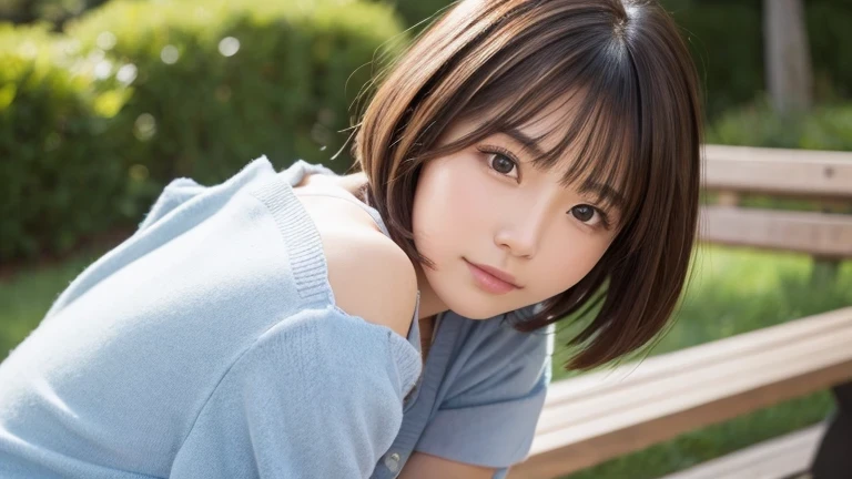 Produce the highest quality and highest resolution 8K images。Please draw the upper body of a 20 year old Japanese woman.。Please draw an image of someone sitting on a park bench looking up at the sky.。She has brown eyes and a model figure.、She has an idol-level cute face.。Hair is bob cut。The skin is、It is a natural skin color。