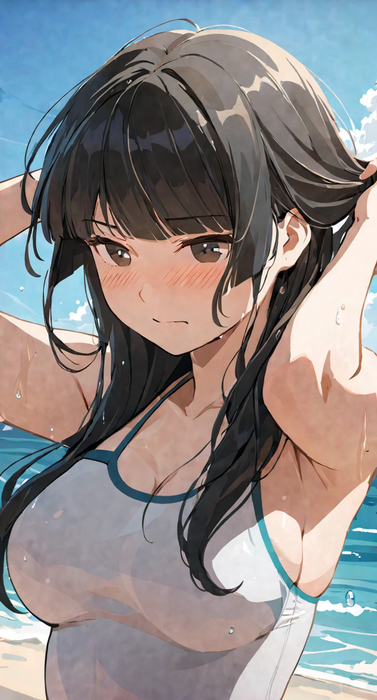 masterpiece,best quality, solo, eda, bangs, black hair, upper body,blue sky,cloud, shy expression, medium breast, hot, thicc, swimsuit , ocean, water, she is tying her hair, she is shy, embarrassed , she is embarrassed, dynamic pose, she is tying her hair, close shot, upper body, chubby