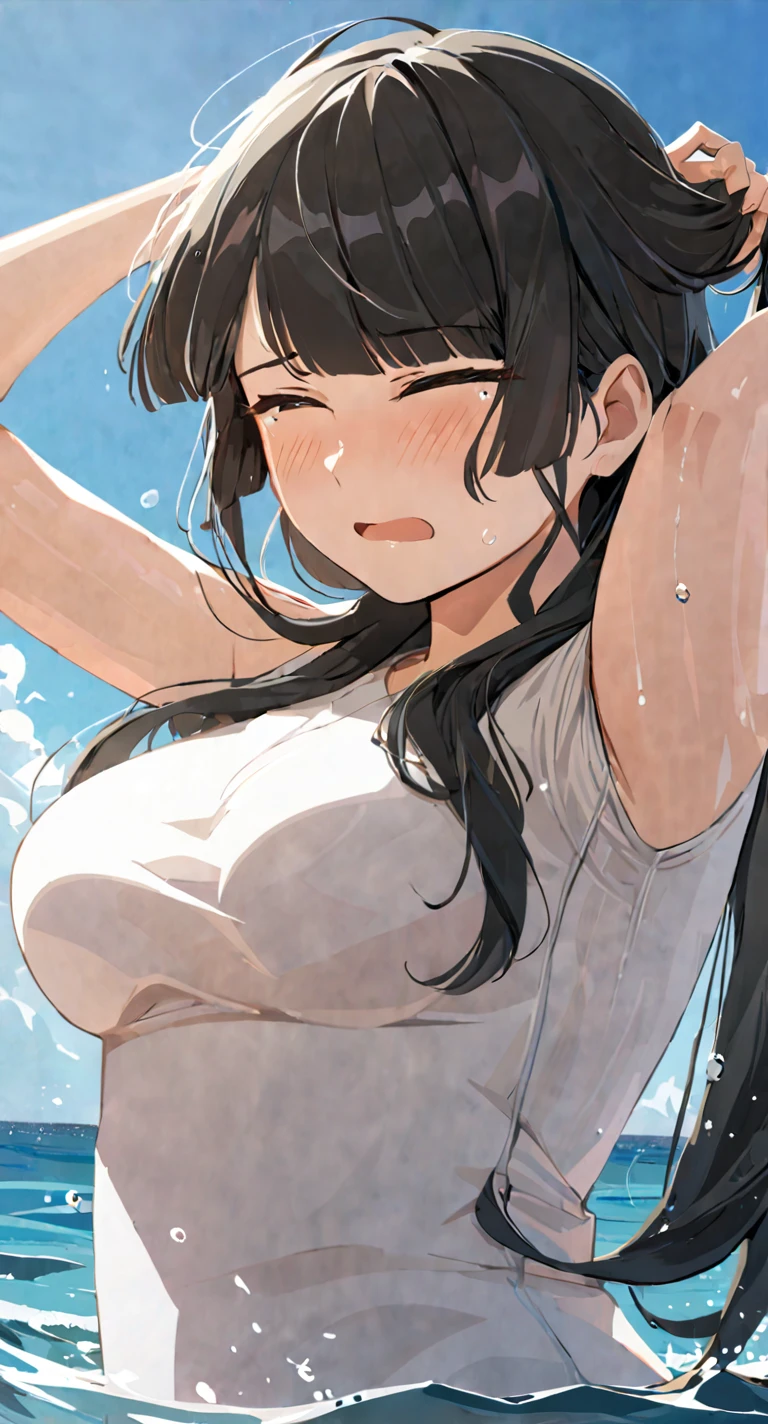 dia kurosawa, long hair, bangs, black hair, hair ornament, green eyes, sidelocks, hairclip, blunt bangs,  , empty eyes , large breasts, nipple, Running, , Heavy snowfall area　frozen  ,(Sweating profusely, Love juice, Wet Woman, female ejaculation),  crying mountain Alone, crying, Naked, solo, 1girl,  Peeing, lactation, projectile lactation