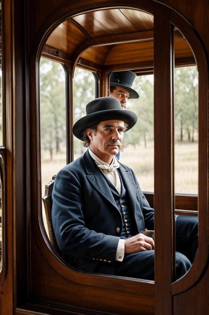 1800's character inside a carriage in the old west watching in the window 
