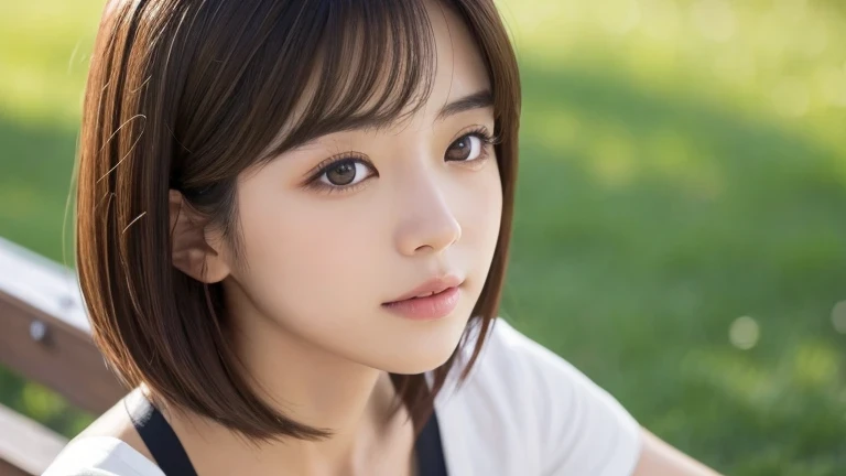 Produce the highest quality and highest resolution 8K images。Please draw the upper body of a 20 year old Japanese woman.。Please draw an image of someone sitting on a park bench looking up at the sky.。She has brown eyes and a model figure.、She has an idol-level cute face.。Hair is bob cut。The skin is、It is a natural skin color。