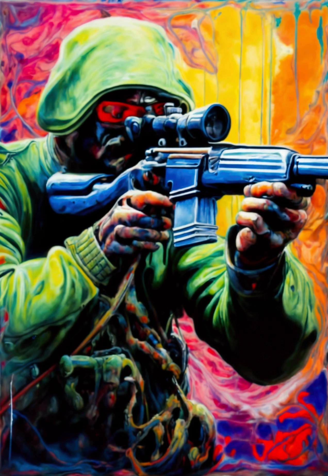Abstract painting inspired by the concept of a sniper, with bold brushstrokes and contrasting colors that convey a sense of tension and precision. Created by artist Jackson Pollock, the artwork captures the chaotic yet controlled nature of a sniper's work, creating a visually striking and thought-provoking image,anatomical correct