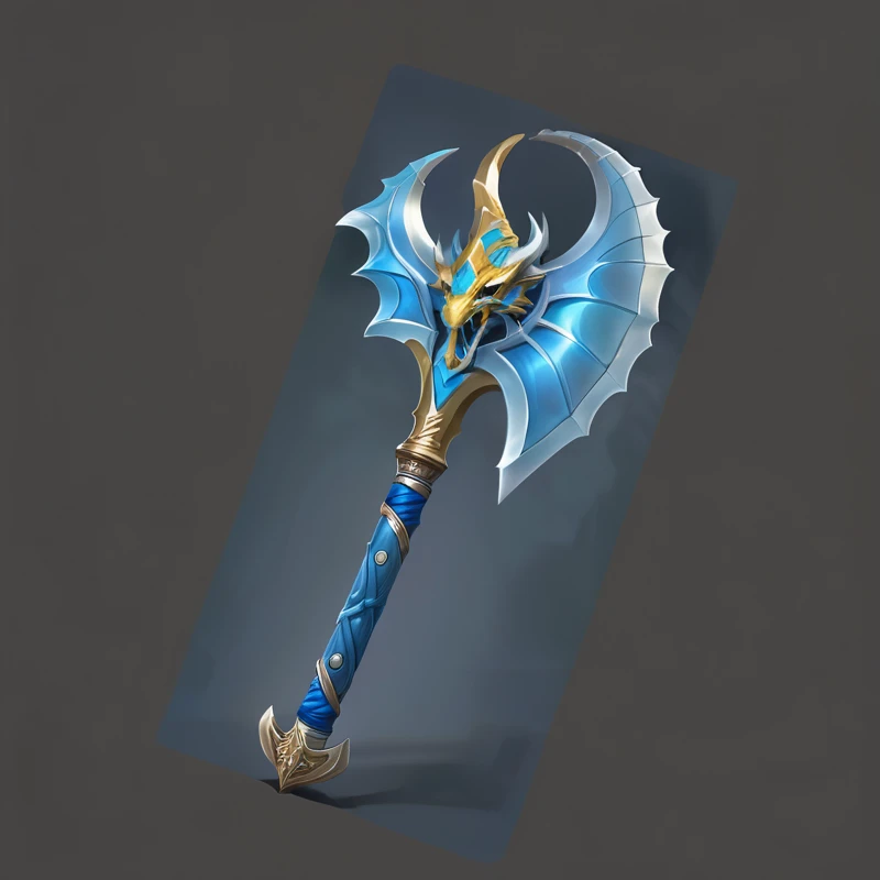 Close up of a blue and gold weapon with a dragon head, Fantasy weapons, Tomahawk, Tomahawk, Sword weapons, Fantasy Scythe, Role Playing Game Items, The style of the Ghost Slayer Blade, Hammer Weapon, Axe element, Leviathan Axe, RPG item rendering, epic Fantasy weapons art, Fantasy RPG Weapon Art, Intricate Fantasy Spear, Fantasy Blade