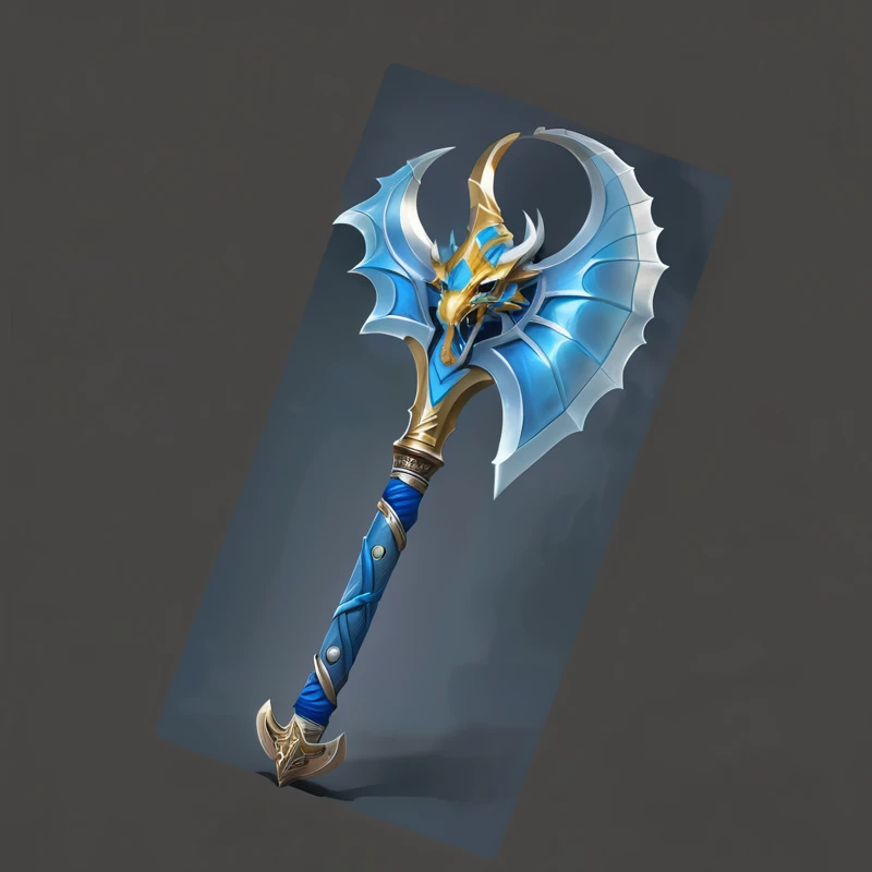 Close up of a blue and gold weapon with a dragon head, Fantasy weapons, Tomahawk, Tomahawk, Sword weapons, Fantasy Scythe, Role Playing Game Items, The style of the Ghost Slayer Blade, Hammer Weapon, Axe element, Leviathan Axe, RPG item rendering, epic Fantasy weapons art, Fantasy RPG Weapon Art, Intricate Fantasy Spear, Fantasy Blade