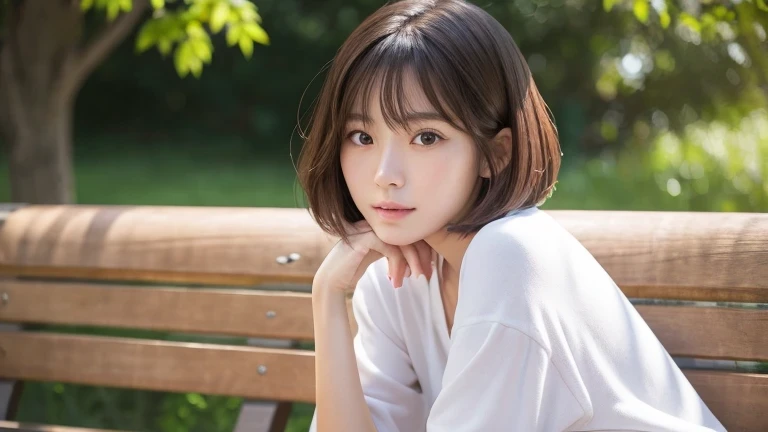 Produce the highest quality and highest resolution 8K images。Please draw the upper body of a 20 year old Japanese woman.。Please draw an image of someone sitting on a park bench looking up at the sky.。She has brown eyes and a model figure.、She has an idol-level cute face.。Hair is bob cut。The skin is、It is a natural skin color。