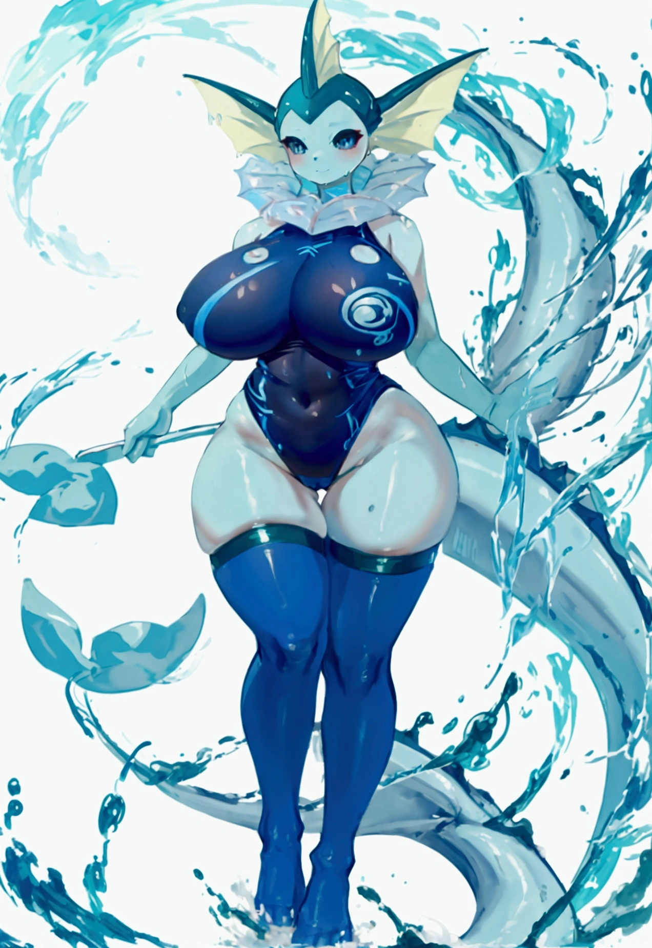 Vaporeon from Pokemon with human body, huge breasts, tight swimming suit and wet