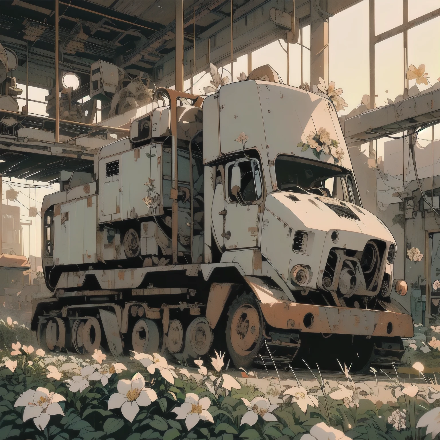 Detailed Machinery、Abandoned Factory、Atrium、(((White Flower Field)))、(((Rusty heavy equipment)))、Gorgeous light leaks、(((Sunset)))、fog、Detailed Background、Highest quality、(((No humans)))、Broken heavy machinery、Complex heavy machinery、Faint lighting、(((Fluttering white petals)))、sunset、(((Dull colors)))、(((Rusty detailed heavy machinery)))、(((Many white flowers fly)))、(((Heavy machinery covered in flowers)))