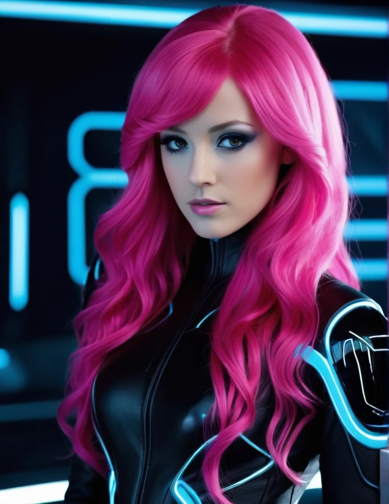 Very attractive 25 year old female with long wavy bright pink hair, Dressed as Quorra from Tron Legacy. photo quality