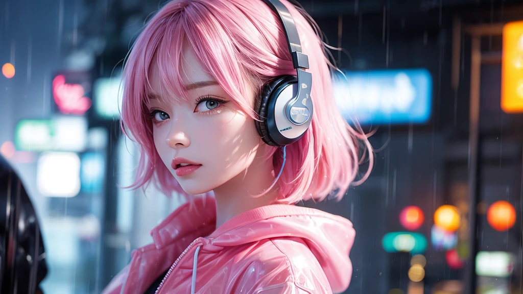 Pastel wind painting, rainbow colours, high quality painting, masterpiece, 4k, animation, pretty girl, pink side-tail hair, pink dress, Listening to music with headphones while holding an umbrella in the rain, I want the images to match 16:9 for YouTube, It's raining in the city background, Profile of a woman wearing headphones standing in the rain,long hair,cute,headphones,raining city，sexy