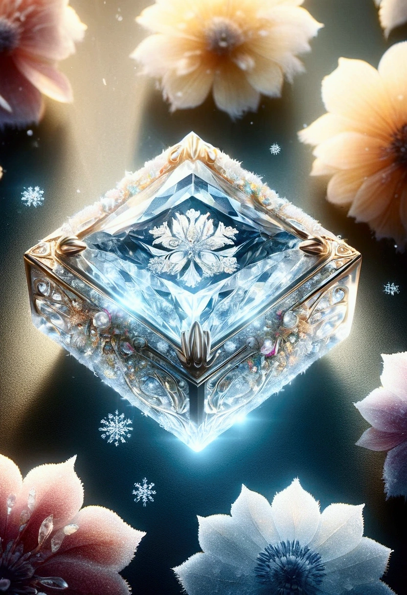 A highly detailed and realistic close-up photograph of beautiful jewelry, surrounded by frozen flowers in a cold environment, with a mysterious, glowing, natural lighting background created by small particles of light, 8K resolution, extremely detailed