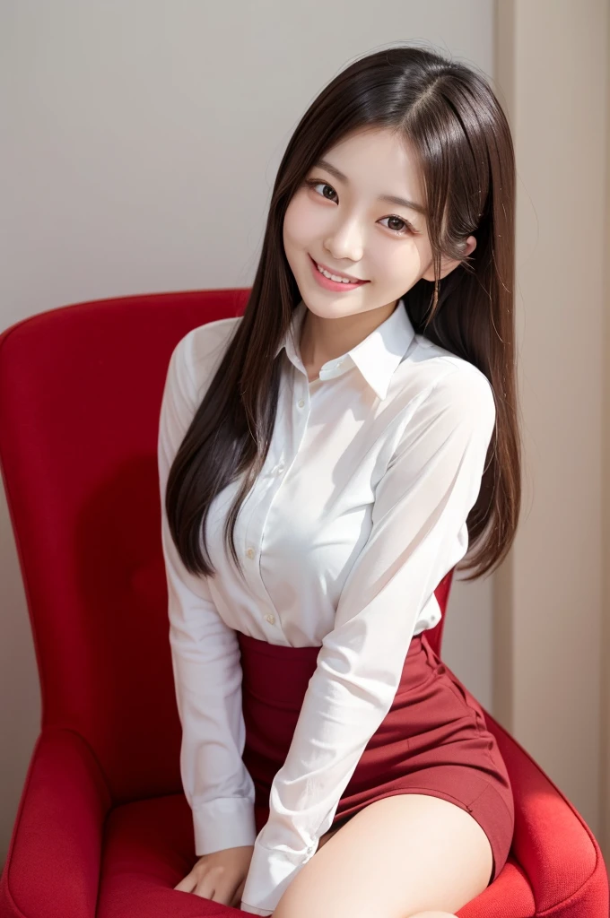 there is a woman sitting on a red chair with a white shirt, Yoshitomo Nara, cute seductive smile, friendly seductive smile, Good young girl, Gorgeous young Korean woman, girl cute-fine-face, Korean Girl, Beautiful Asian Girl, Lovely smile, Beautiful young Korean woman, beautiful Korean women, 2 7 years old
