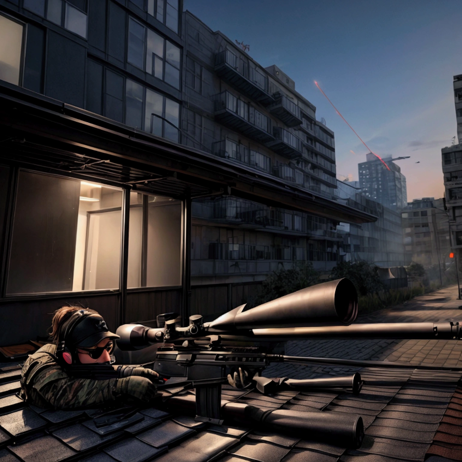 masterpiece,Highest quality,8k,High resolution,Raw photo,Professional,
Physically Based Rendering,Thin contours,
(Early morning building street,A sniper shoots at a target on the roof of another building:1.3),
He hides in a corner of the rooftop with his rifle at the ready. (The rifle is assembled)
(Lie face down with a rifle in hand),(Wearing a black headset),
(I'm excited with anticipation),